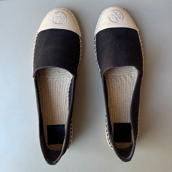 Tory Burch Canvas Black Ivory Color Block Flat Espadrille Size 10.5 Cap Toe - Picture 5 of 14